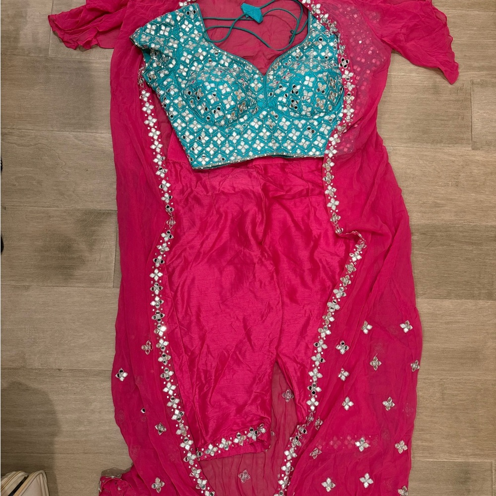 Embroidered Teal & Hot Pink Lehenga Choli Set